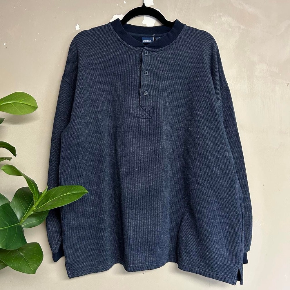 Vintage 90s Cherokee Navy Fleece Henley Sweatshirt Mens XL Blue Ribbed Retro